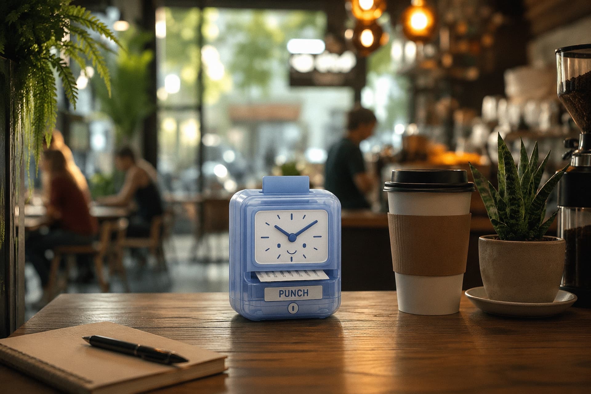 Un reloj checador Punch azul sobre una mesa de madera de cafetería junto a un vaso de café para llevar con manga, una pequeña planta de sansevieria en una maceta, un cuaderno y una pluma, una barista en un molino de espresso al fondo desenfocado, clientes sentados en mesas, luces colgantes y plantas.