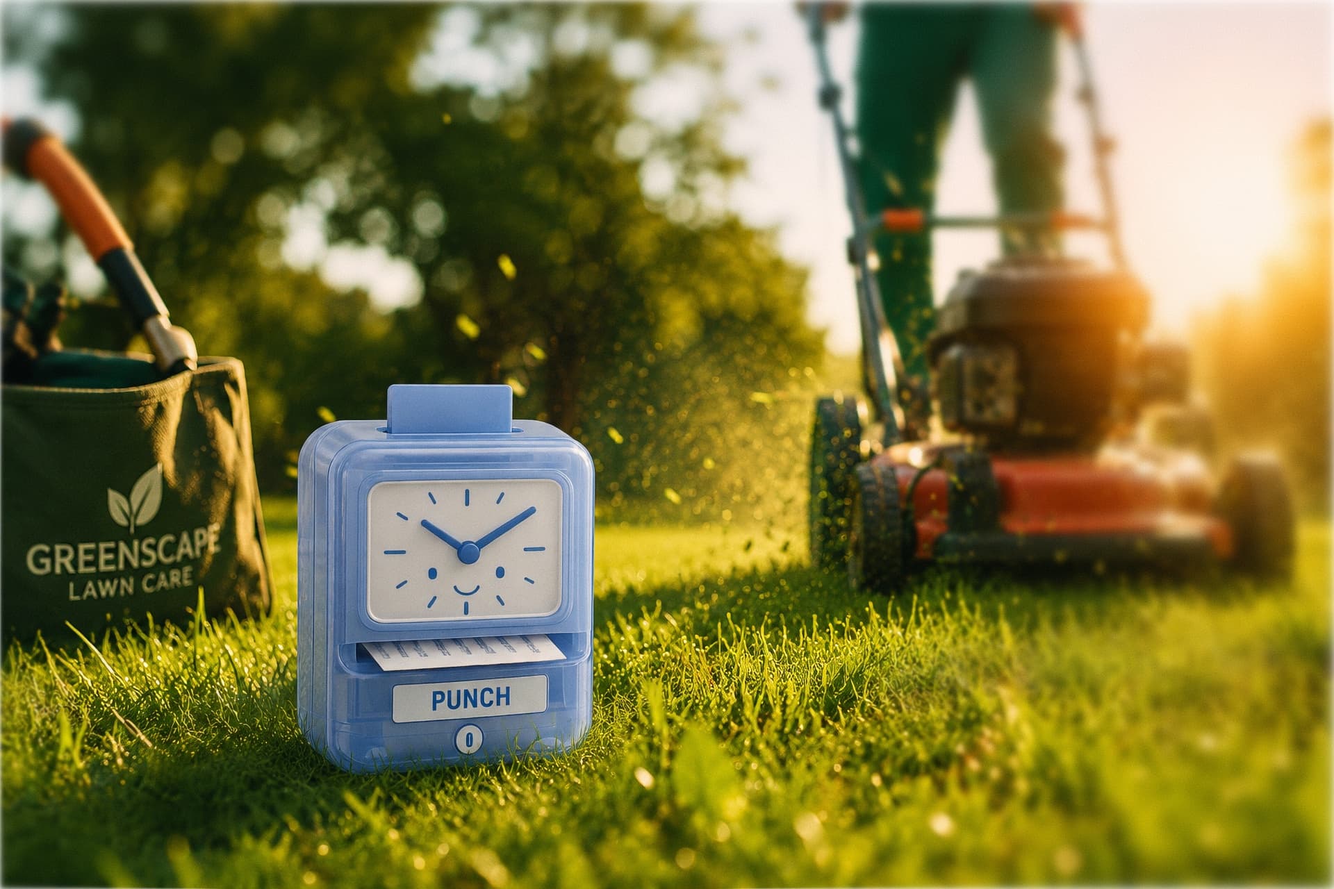 Un reloj checador Punch azul sobre césped recién cortado al atardecer dorado, una bolsa de herramientas de Greenscape Lawn Care a la izquierda, un miembro de la cuadrilla con uniforme verde empujando una podadora roja al fondo.