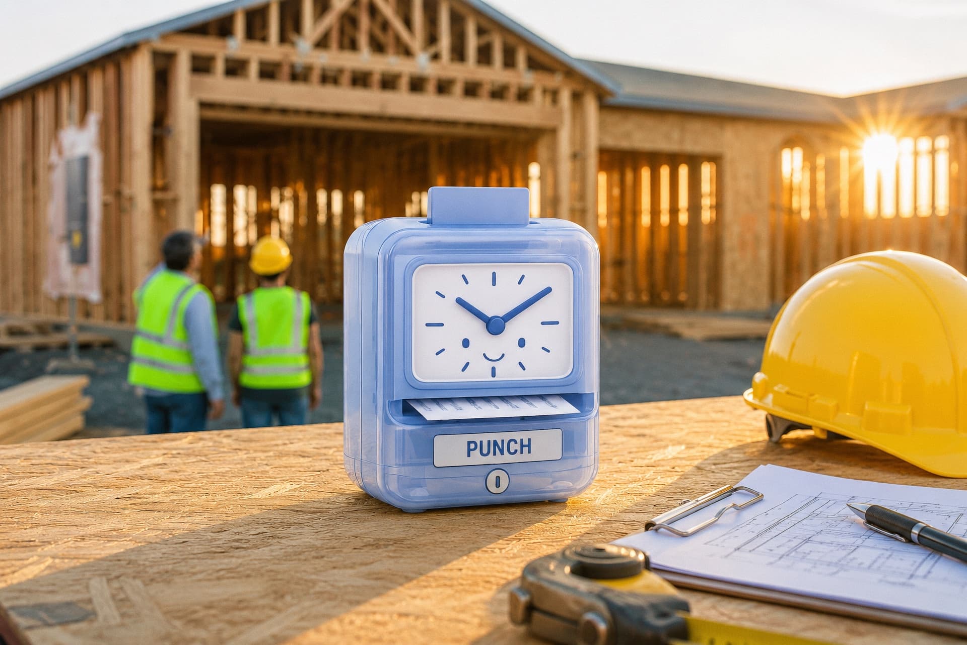 A blue Punch time-clock on a plywood worktop at a residential framing job site at golden hour, two crew members in safety vests in the background, a yellow hard hat and blueprints with a tape measure on the right.
