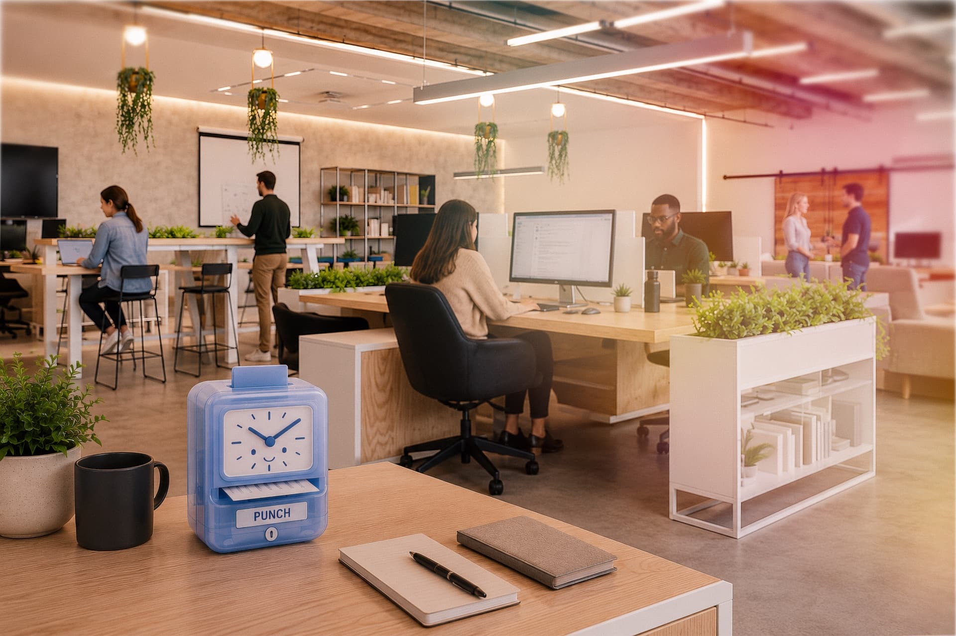 A blue Punch time-clock on a wooden desk in the foreground next to a coffee mug, a notebook, and a pen. In the soft-focus background, a modern collaborative office space with hanging plants, exposed beam ceilings, multiple workstations with monitors, several people working at desks, two people having a discussion at a whiteboard area.