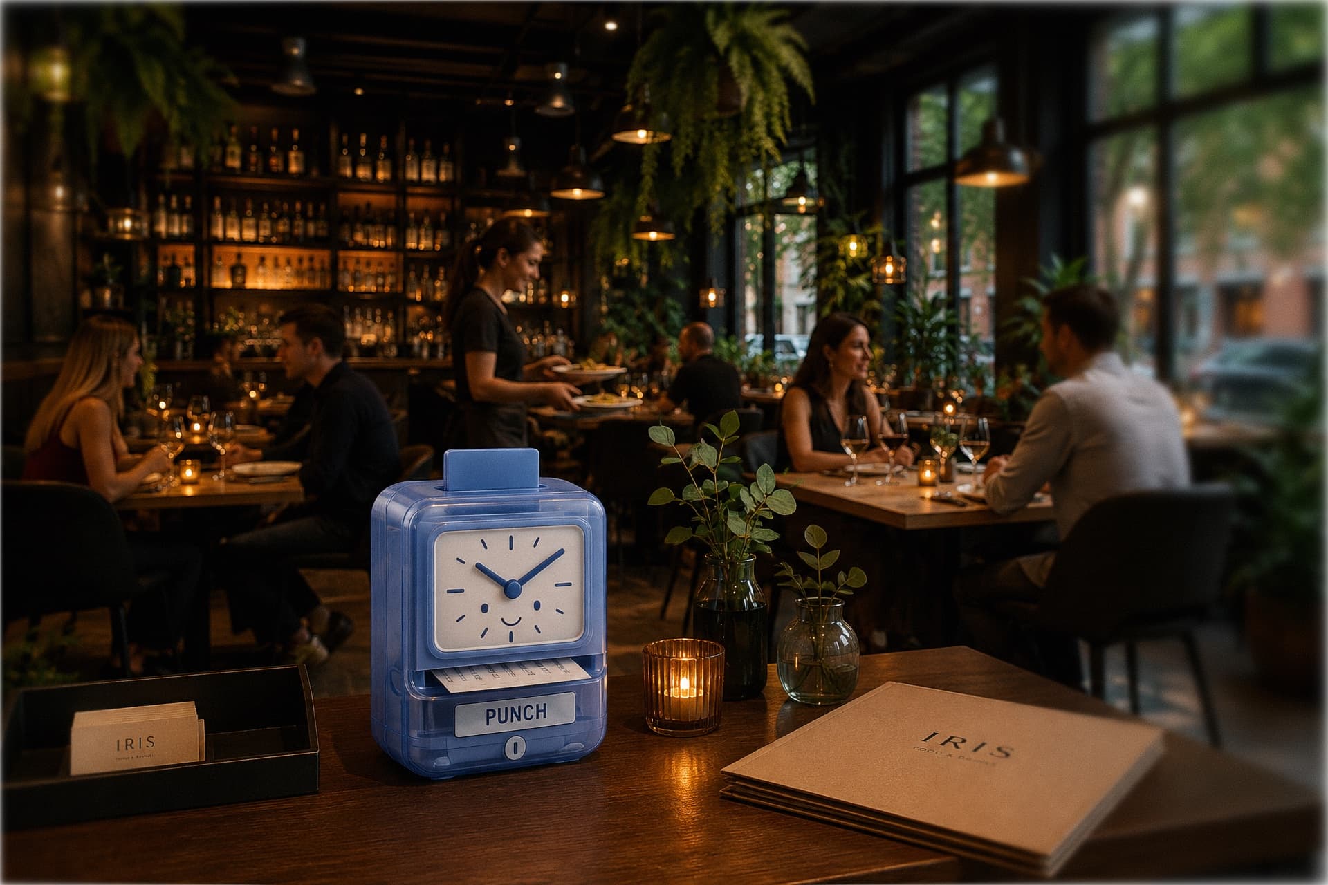 Une horloge Punch bleue posée sur une table en bois dans un restaurant chaleureux rempli de plantes pendant le service du soir, un serveur portant une assiette à la table d'un couple en arrière-plan, des chandelles allumées sur chaque table, un porte-menus IRIS posé à côté de l'horloge.