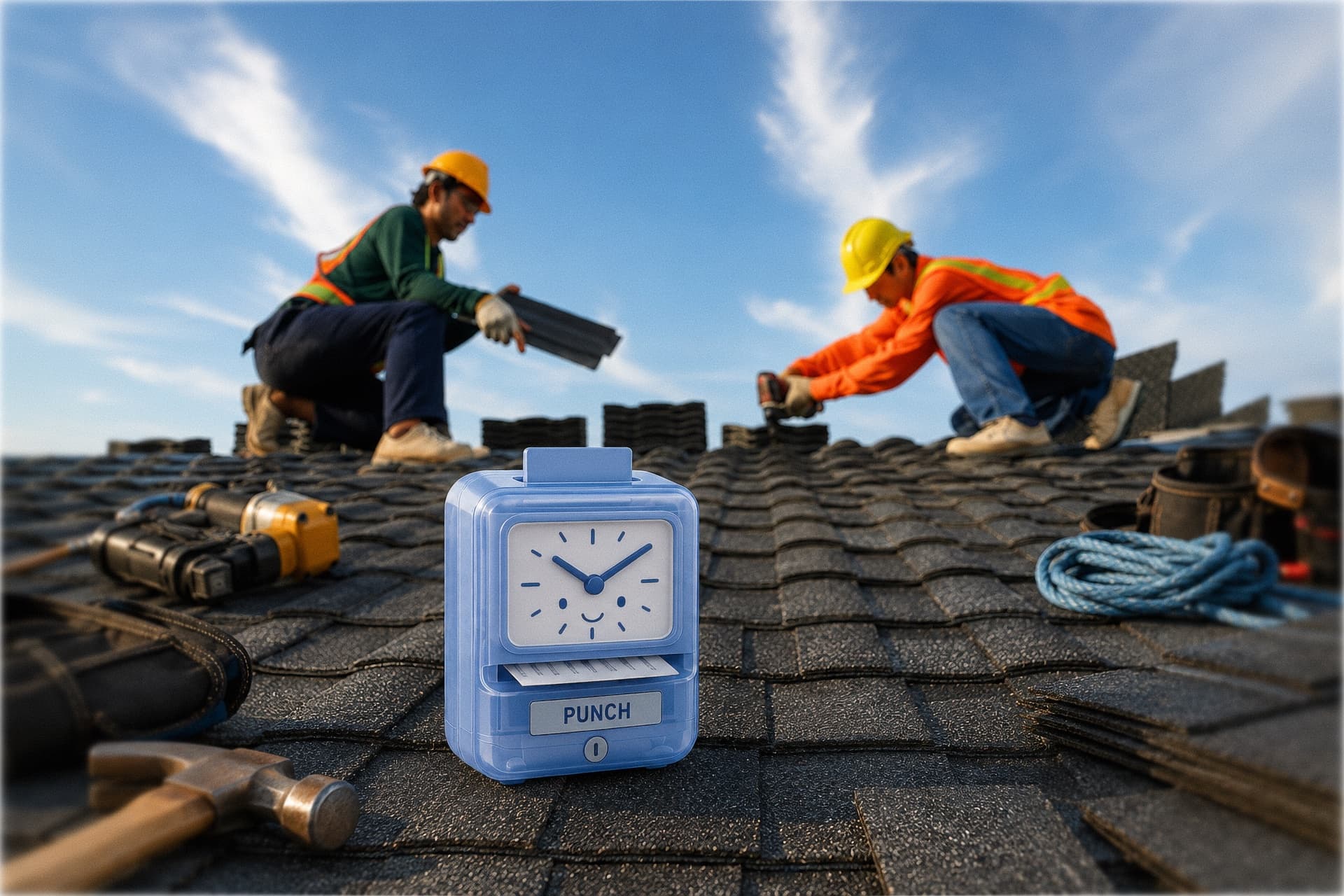 A blue Punch time-clock sitting on dark asphalt-shingle roof at midday, two roofers in safety vests and hard hats kneeling behind it installing shingles, a hammer and nail gun and rope visible across the slope.