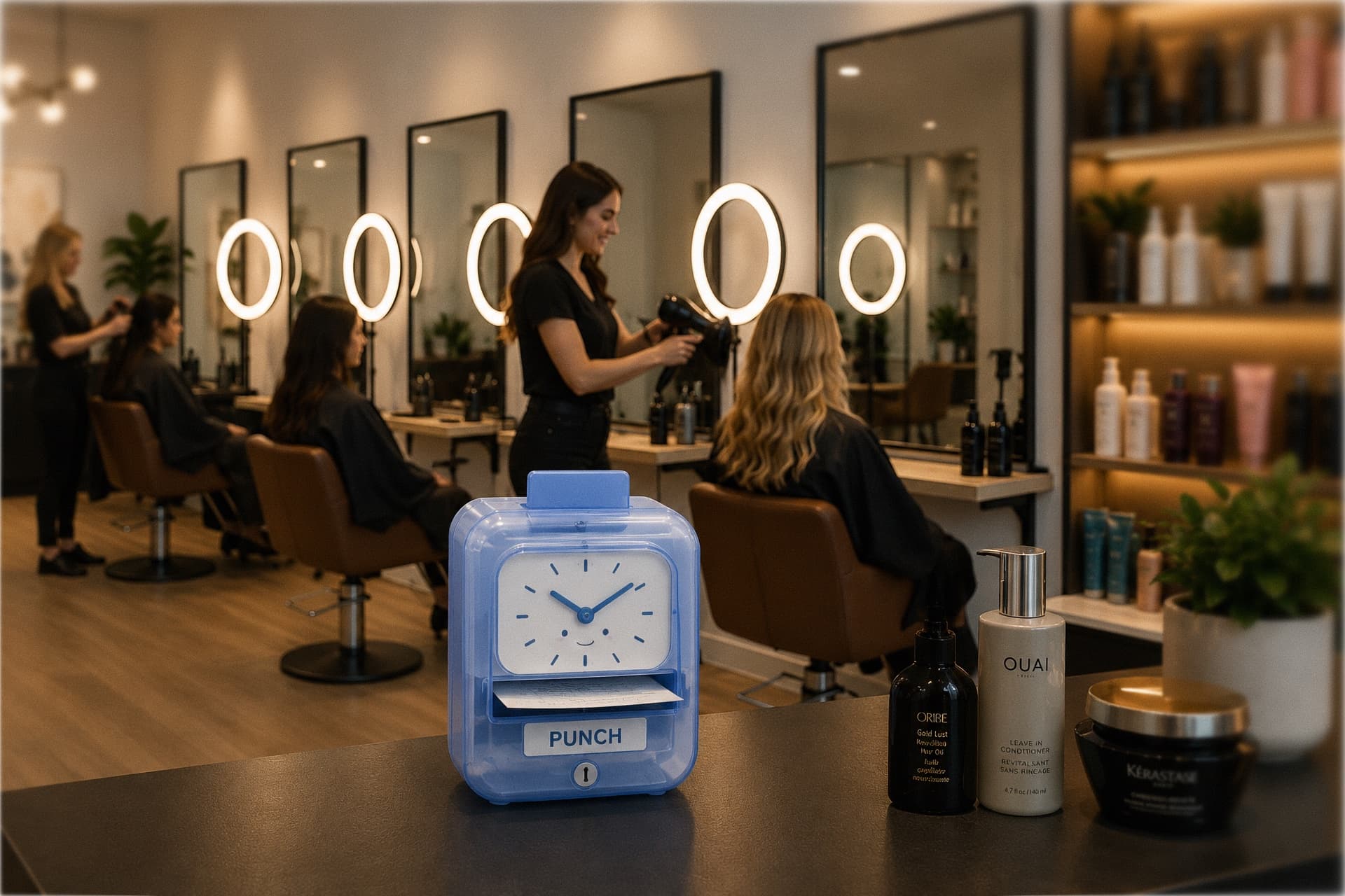 Un reloj checador Punch azul sobre un mostrador oscuro de salón en primer plano, con botellas de productos de cuidado del cabello de alta gama (Oribe, Ouai, Kérastase) a su lado. En el fondo desenfocado, tres estaciones de peinado con luces de anillo alrededor de los espejos, dos estilistas trabajando con clientes con capas sobre los respaldos de las sillas, una pared de productos al menudeo a la derecha.
