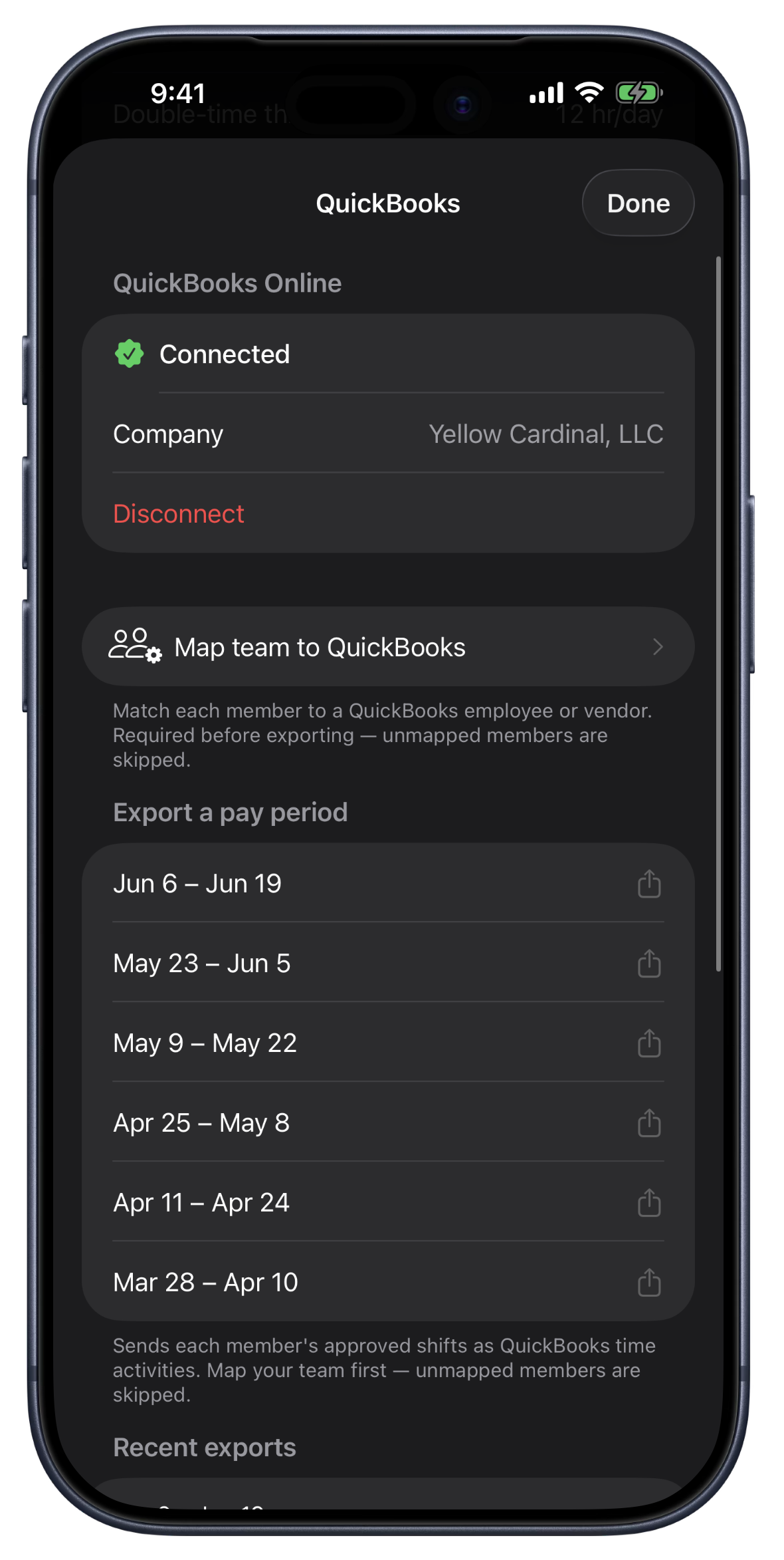 La fenêtre QuickBooks sur iPhone : connecté à QuickBooks Online, associez votre équipe à QuickBooks et une période de paie prête à exporter
