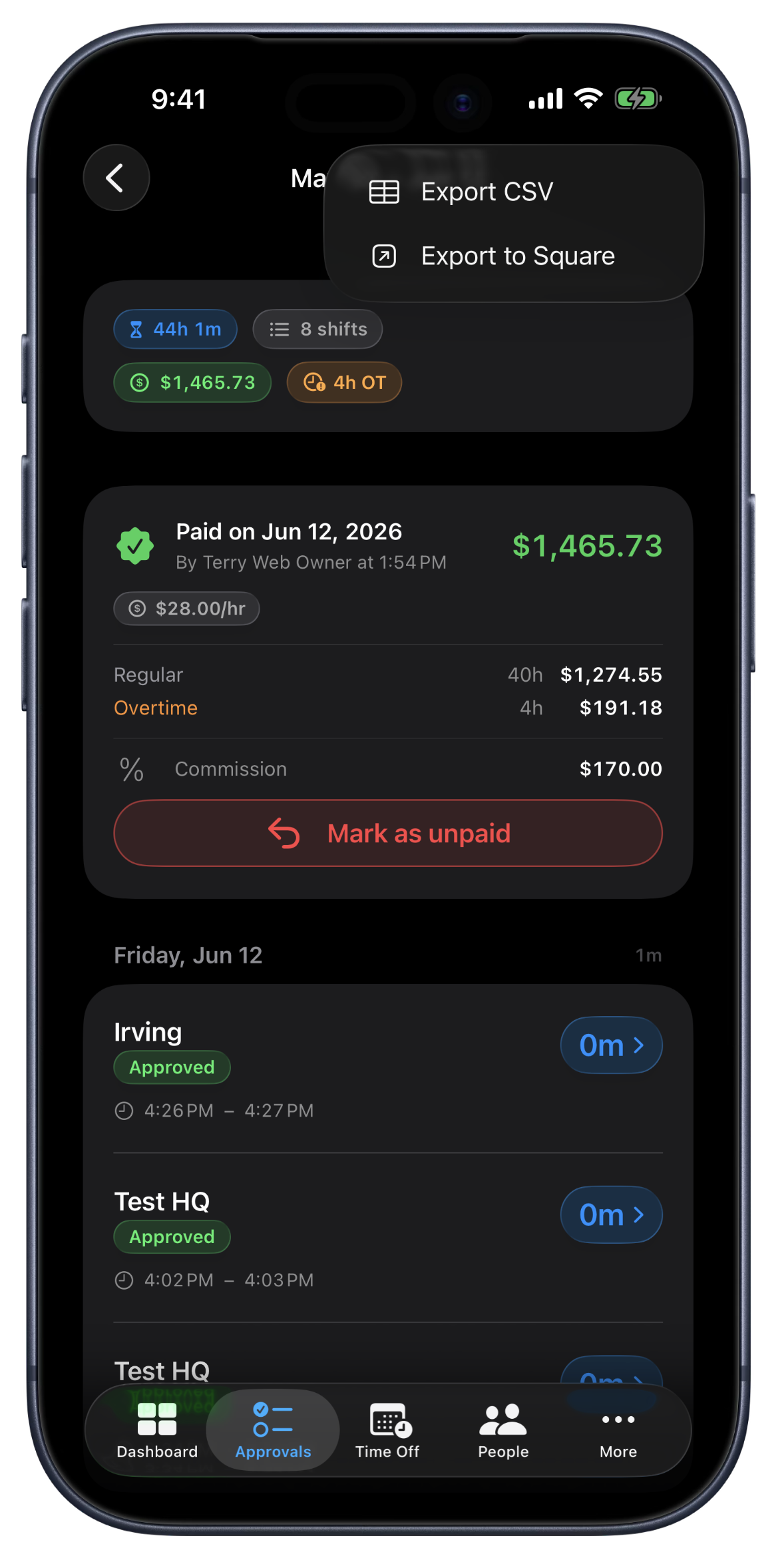 Exporting to Square on iPhone — a pay period's approved hours posting to Square as timecards