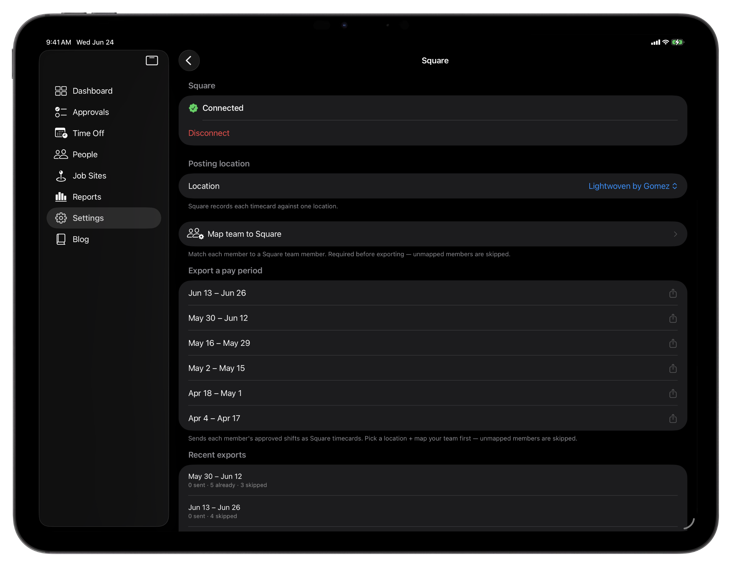 Punch on iPad showing the Square integration in Settings — connected to a Square account, ready to post approved hours as timecards