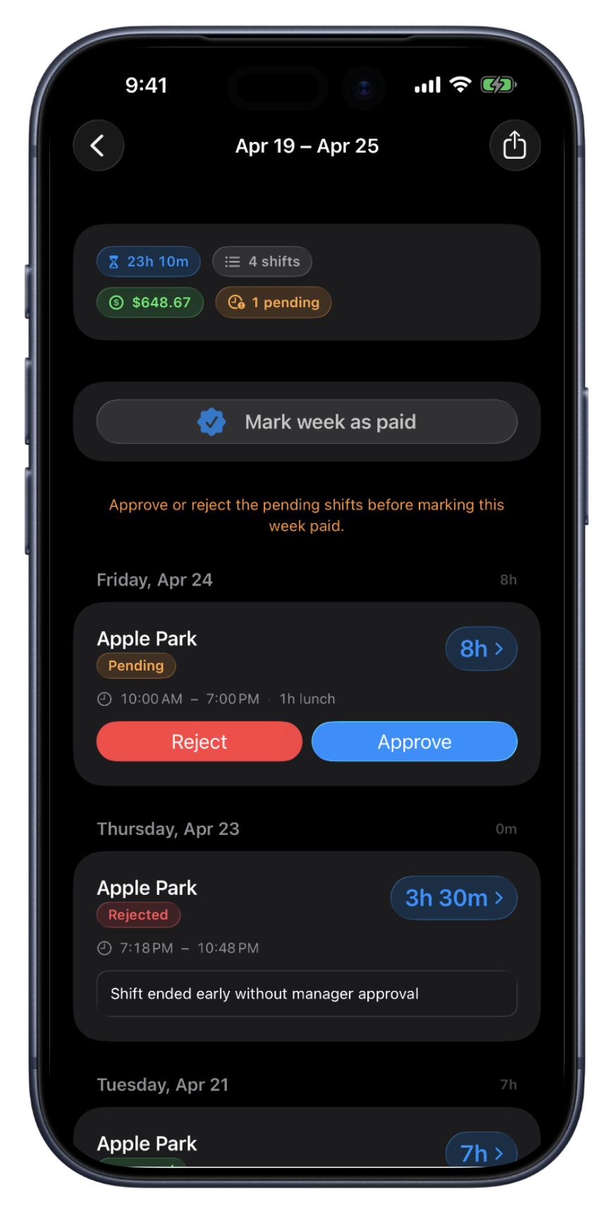 The approvals queue on iPhone with a pending shift ready to approve or reject