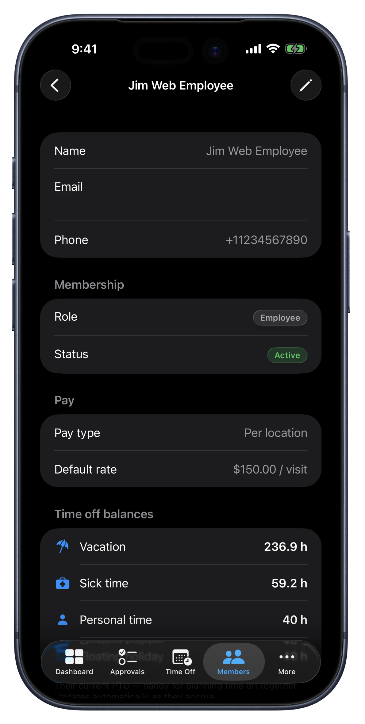 La configuration de paie d'un membre sur iPhone : type de paie Par emplacement avec un taux par défaut par visite