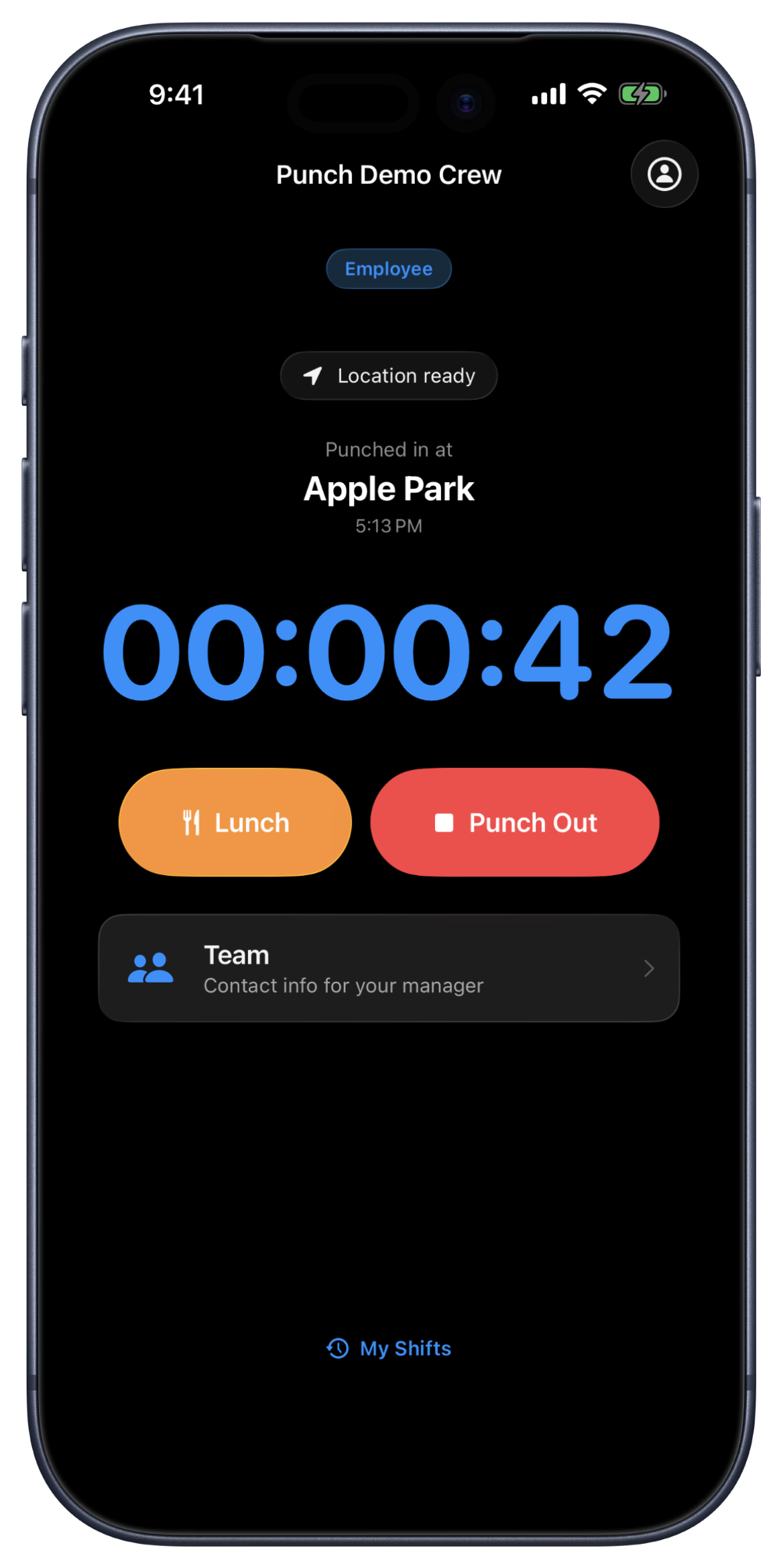 Punch on iPhone mid-shift, live timer running with lunch and punch-out controls