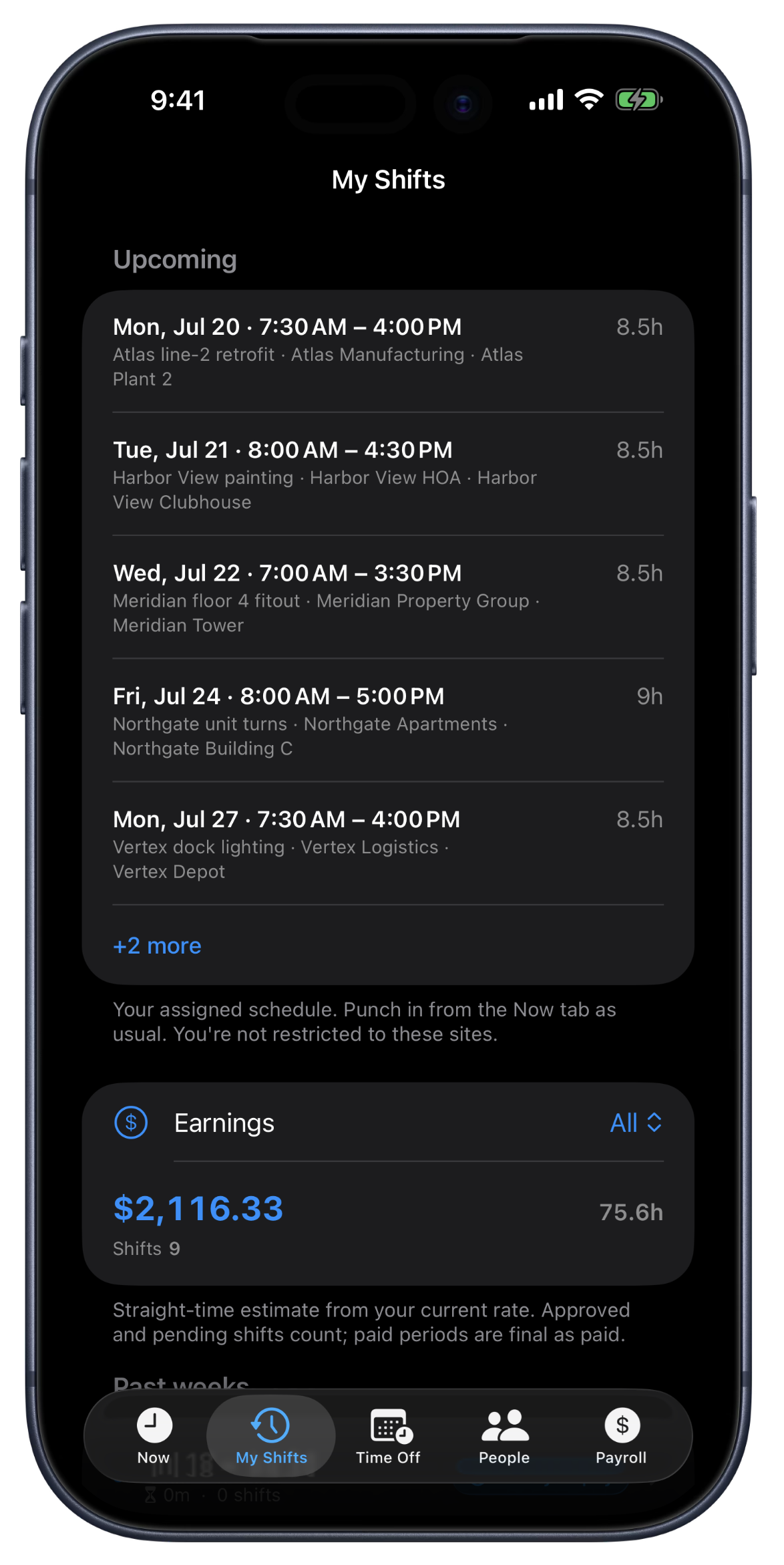 Punch 4.0 on iPhone — My Shifts opens with the Upcoming section: five scheduled shifts with day, time, job, client, and site, above the earnings summary