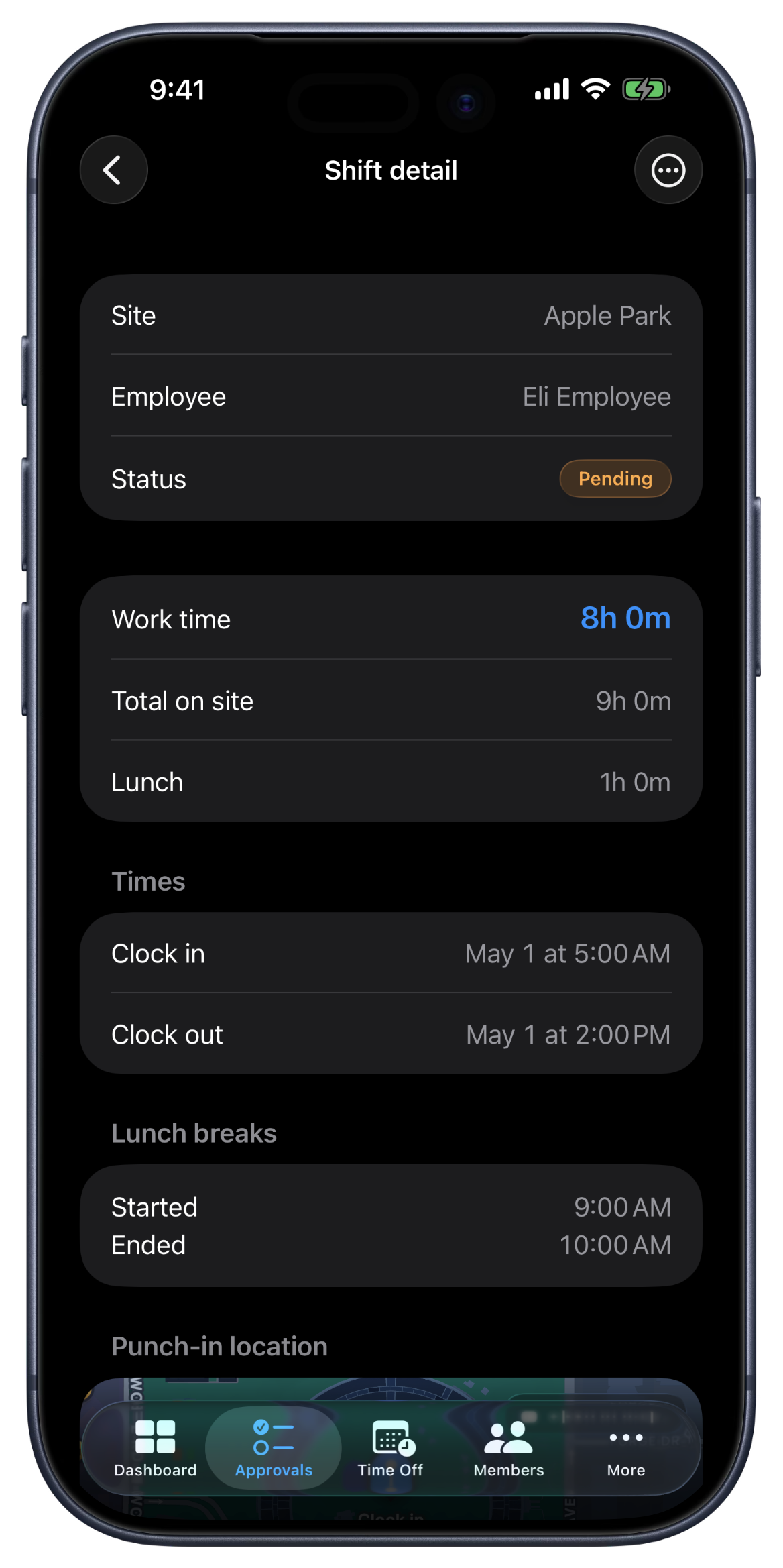 A shift record on iPhone with hours worked and payout