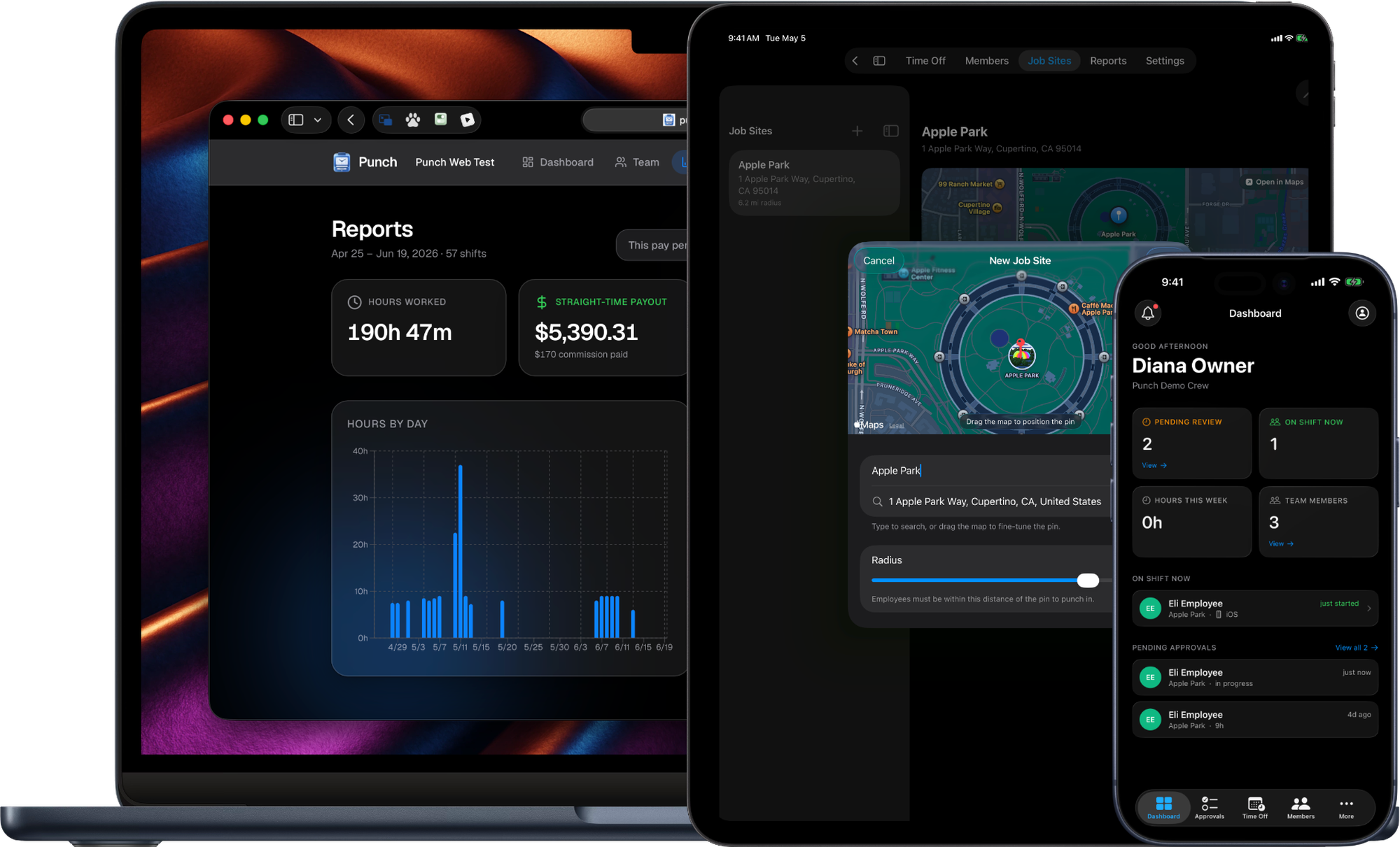 Punch on a 13-inch MacBook Air, a 13-inch iPad Pro, and an iPhone 17 Pro Max — Reports, geofenced job sites, and the manager dashboard