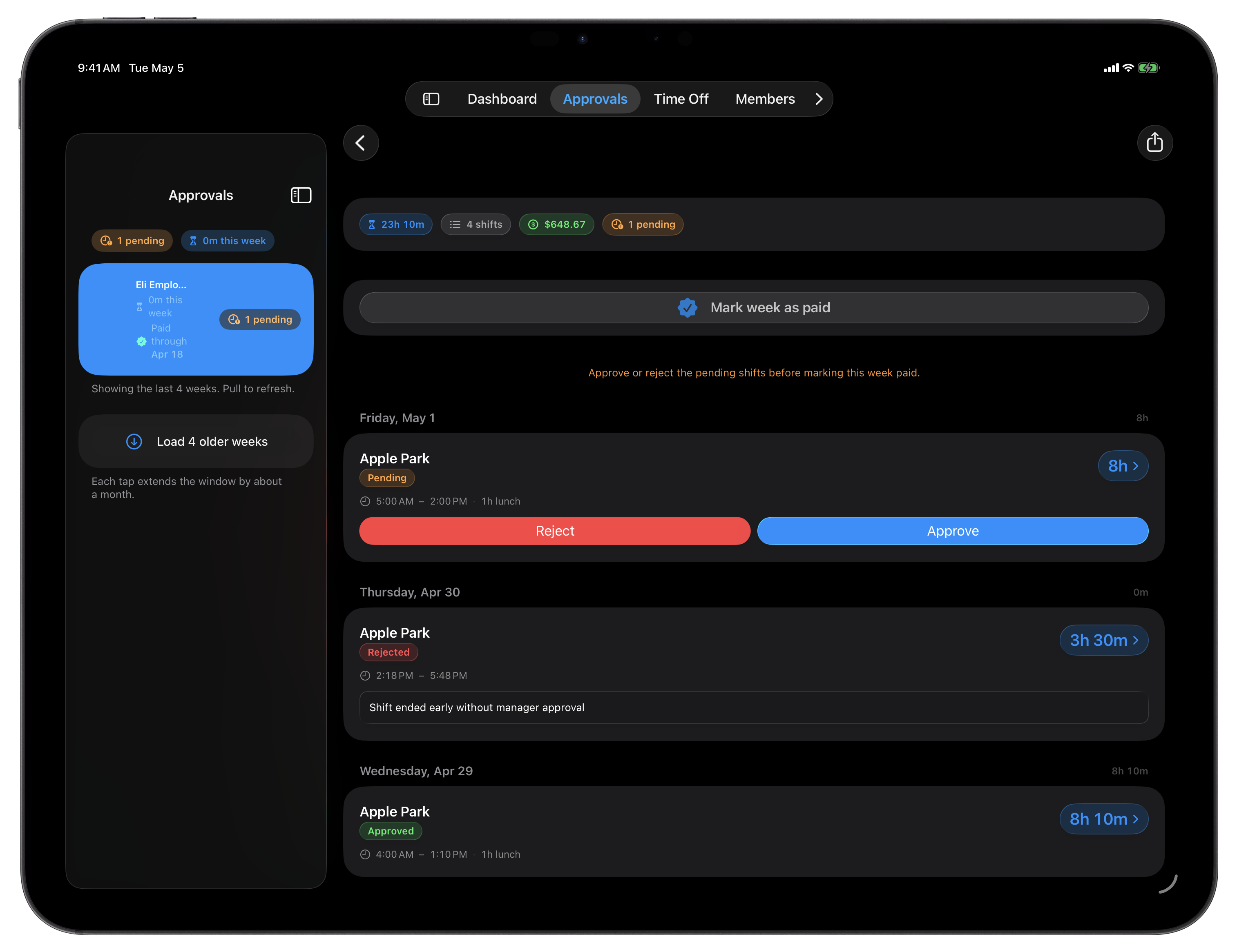 Approvals on a 13-inch iPad Pro in landscape, the pending-shifts queue beside a shift's full detail