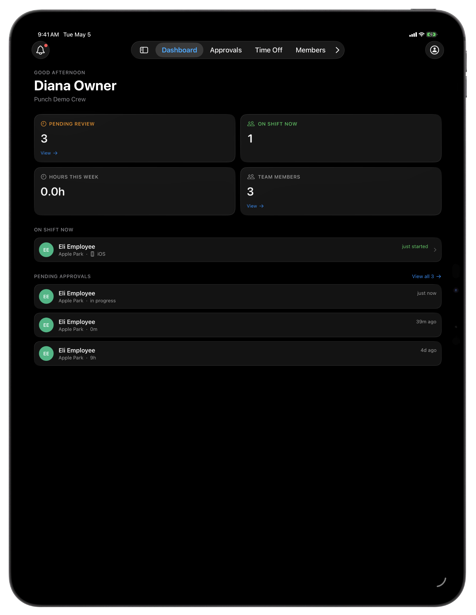 Manager dashboard on a 13-inch iPad Pro: pending approvals, hours this week, and the live on-shift panel