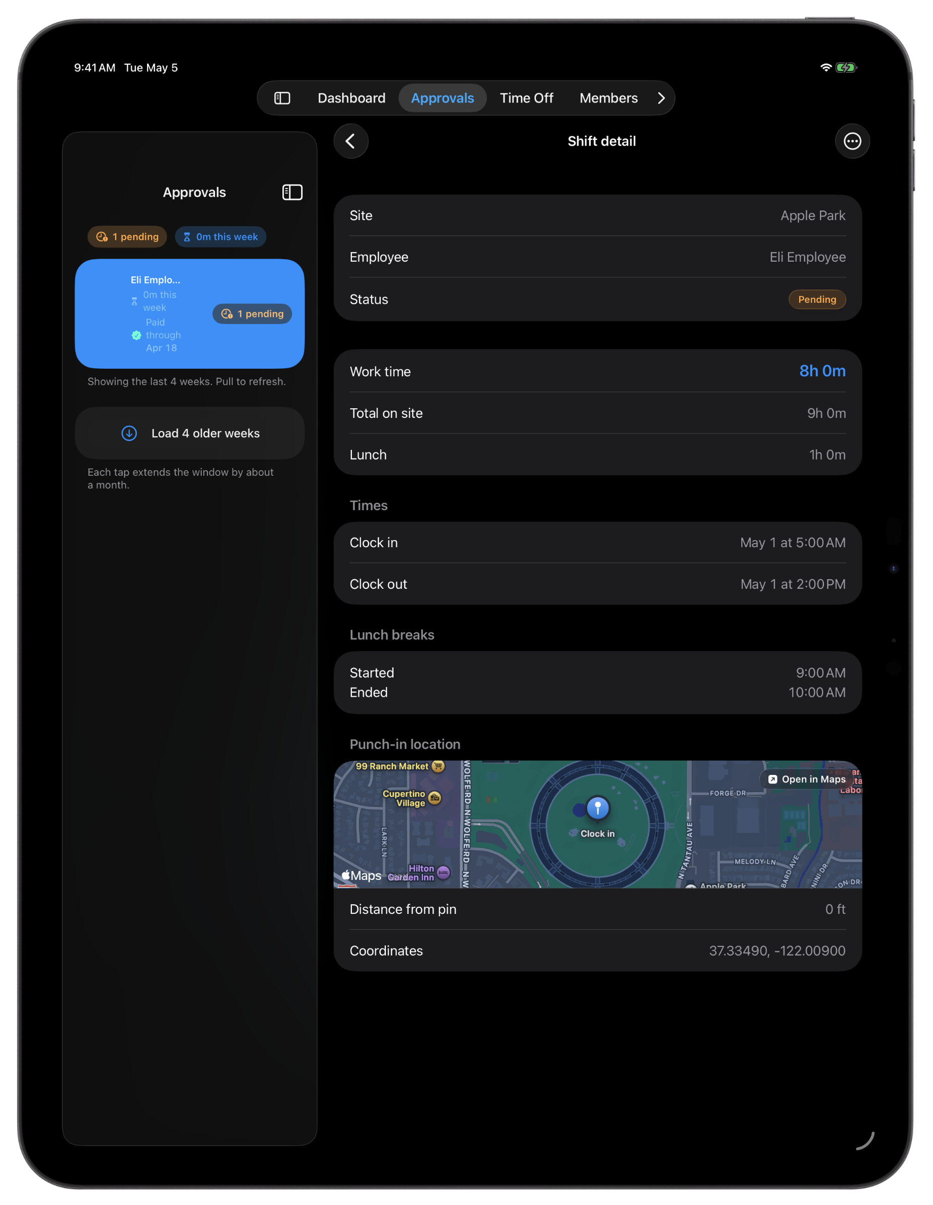 A shift record on iPad: punch in, punch out, lunch, hours worked, and payout