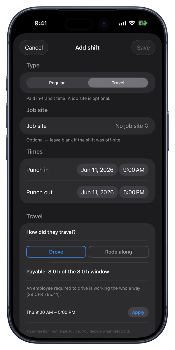 Adding a travel shift: Punch suggests the payable portion of the trip under the federal travel rules.